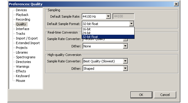 Sampling quality settings under Audacity